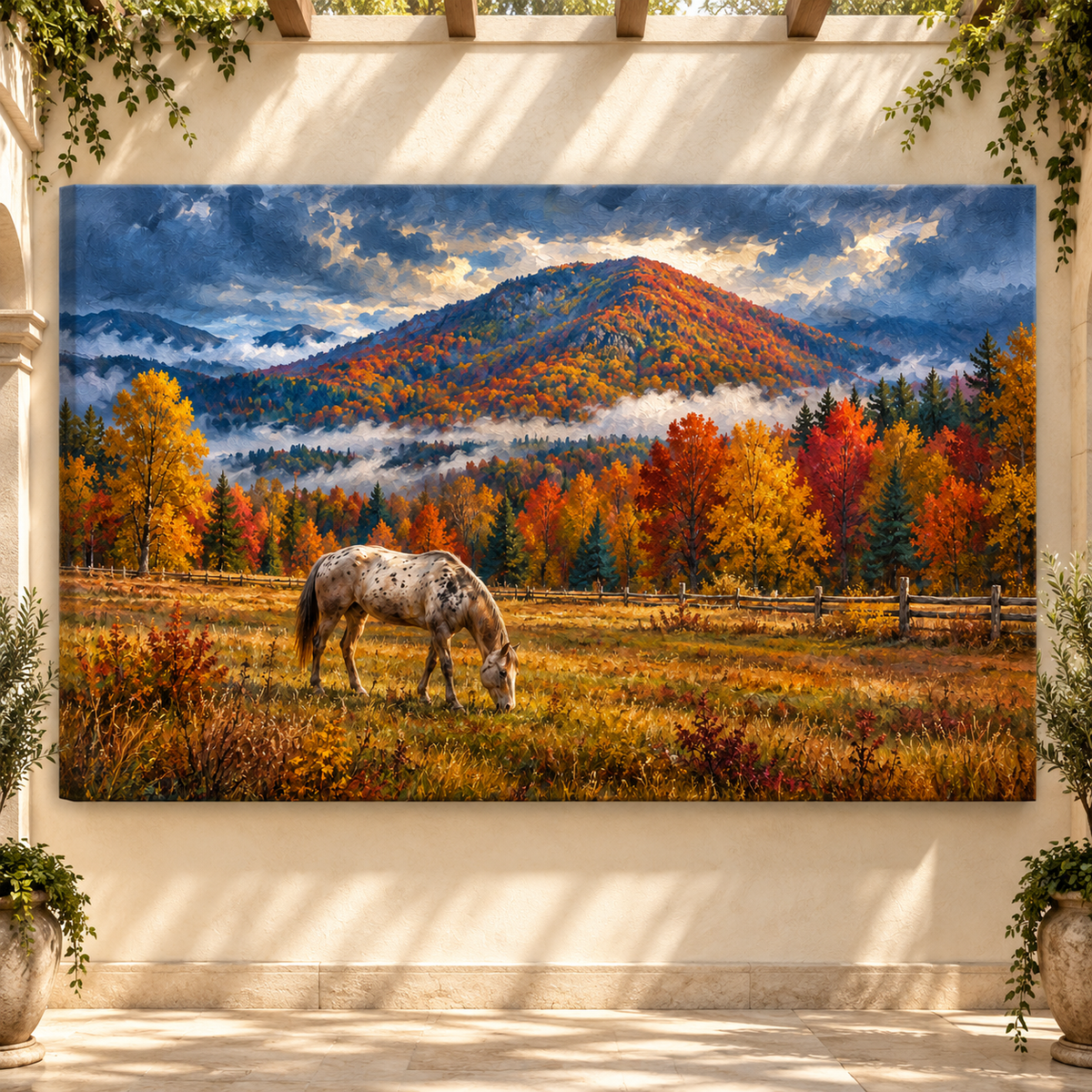 Appaloosa Horse in Autumn Mountain Meadow Wrapped Canvas Wall Art – Rustic Western Landscape Painting