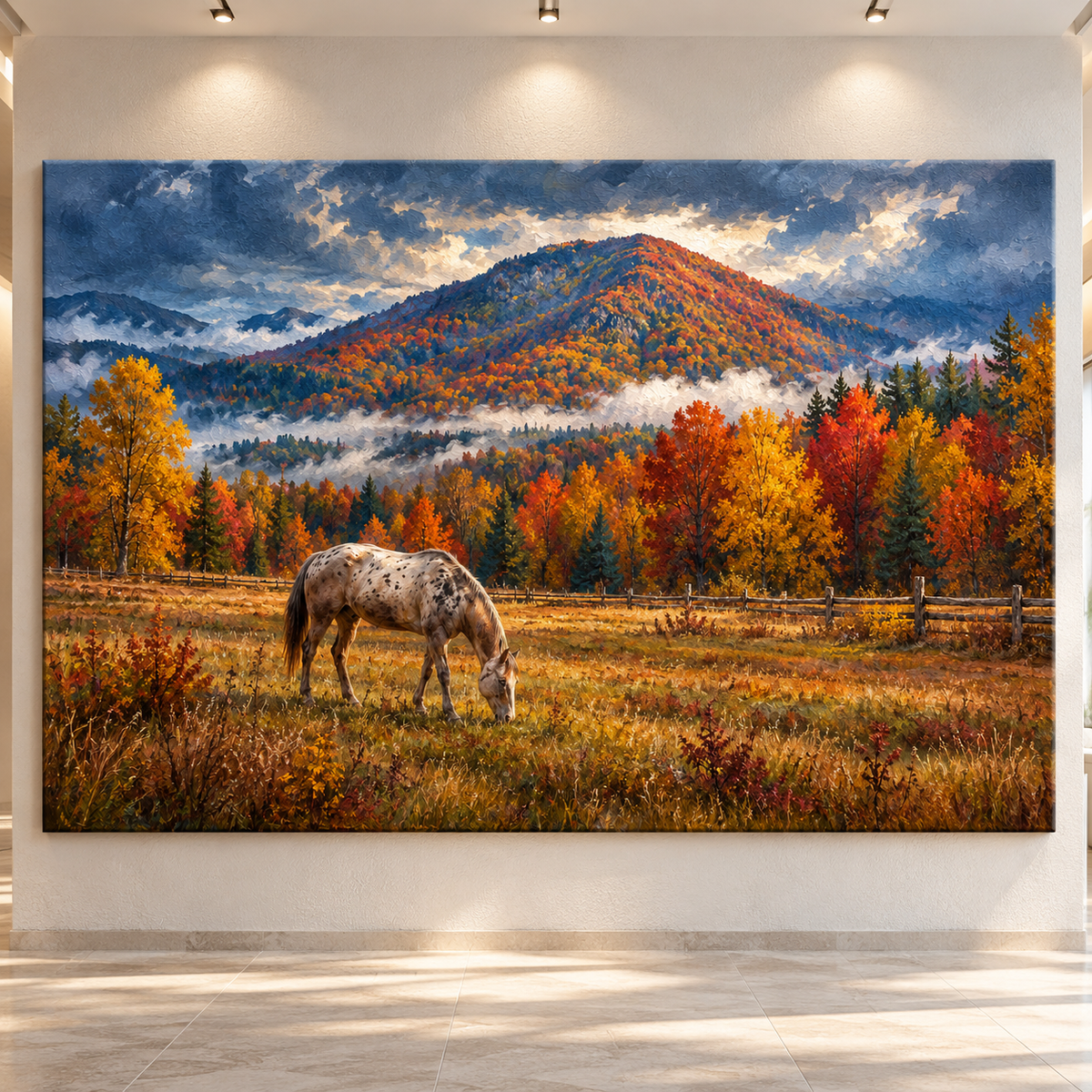 Appaloosa Horse in Autumn Mountain Meadow Wrapped Canvas Wall Art – Rustic Western Landscape Painting