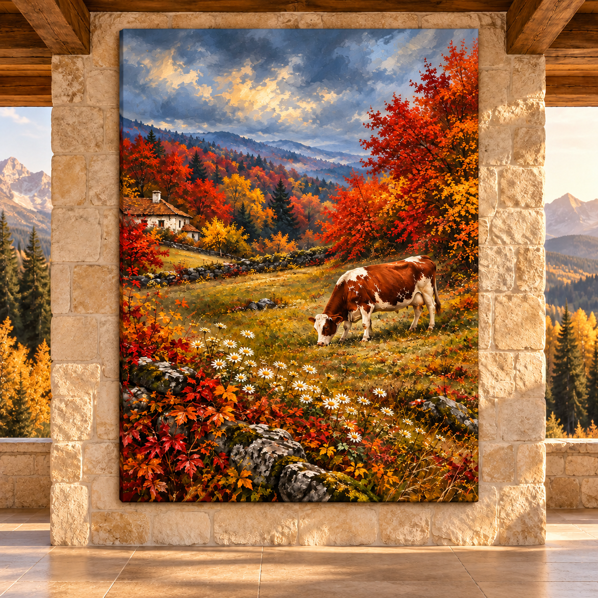 Brown and White Cow Wrapped Canvas Wall Art – Autumn Farm Landscape Painting