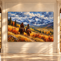 Cowboy Couple Horseback Riding Wrapped Canvas Wall Art – Autumn Mountain Western Landscape Painting