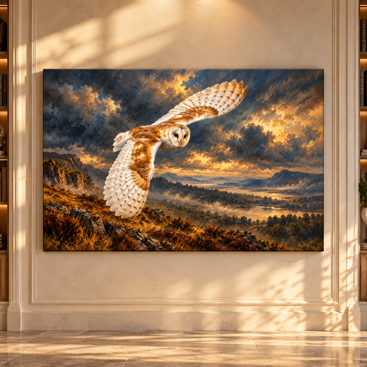 Barn Owl in Flight Wrapped Canvas Wall Art – Golden Mountain Valley Wildlife Painting