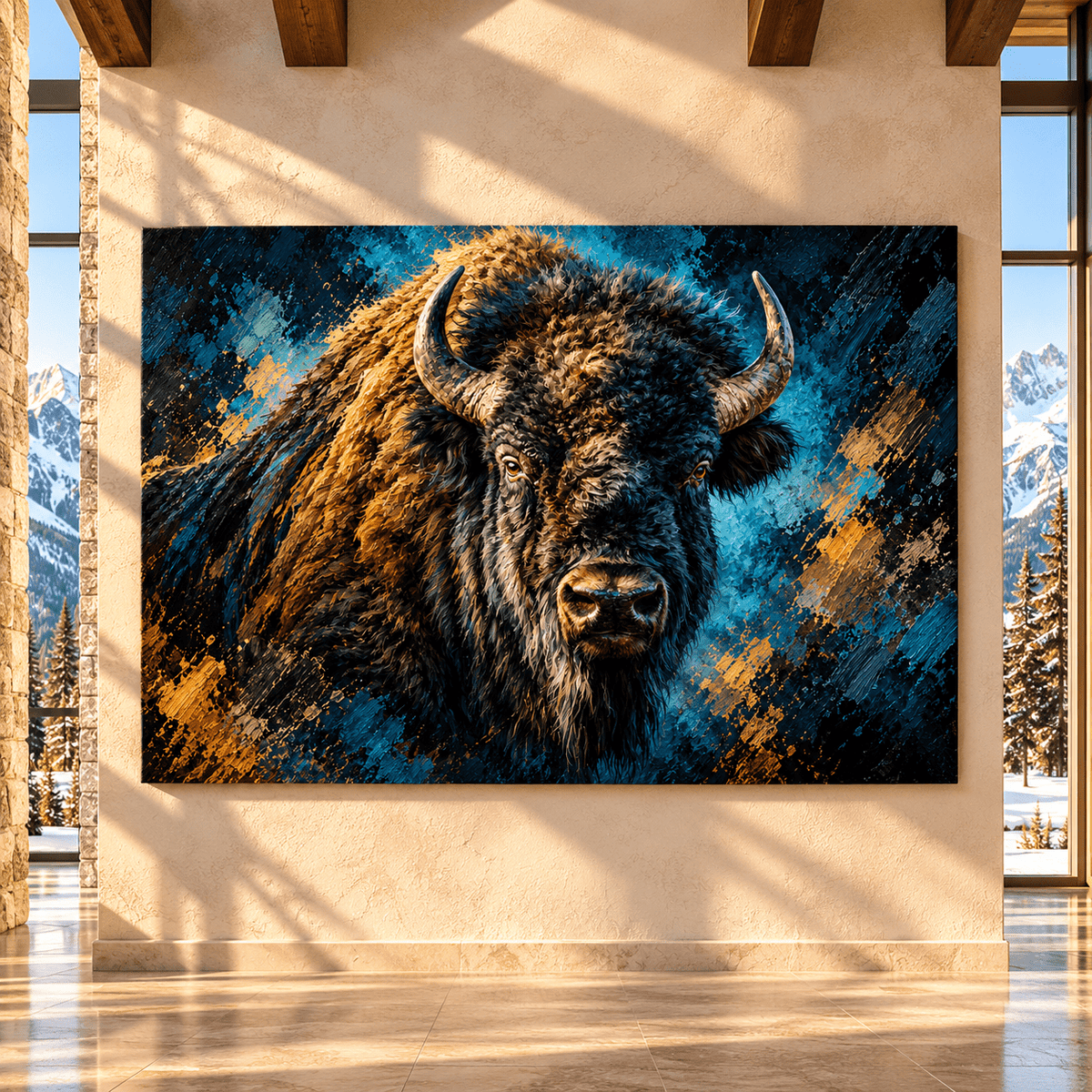 American Bison Portrait Wrapped Canvas Wall Art – Buffalo Western Wildlife Painting - ART OF ROYALS