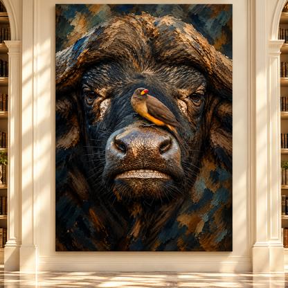 African Buffalo & Oxpecker Wrapped Canvas Wall Art – Wildlife Friendship Painting
