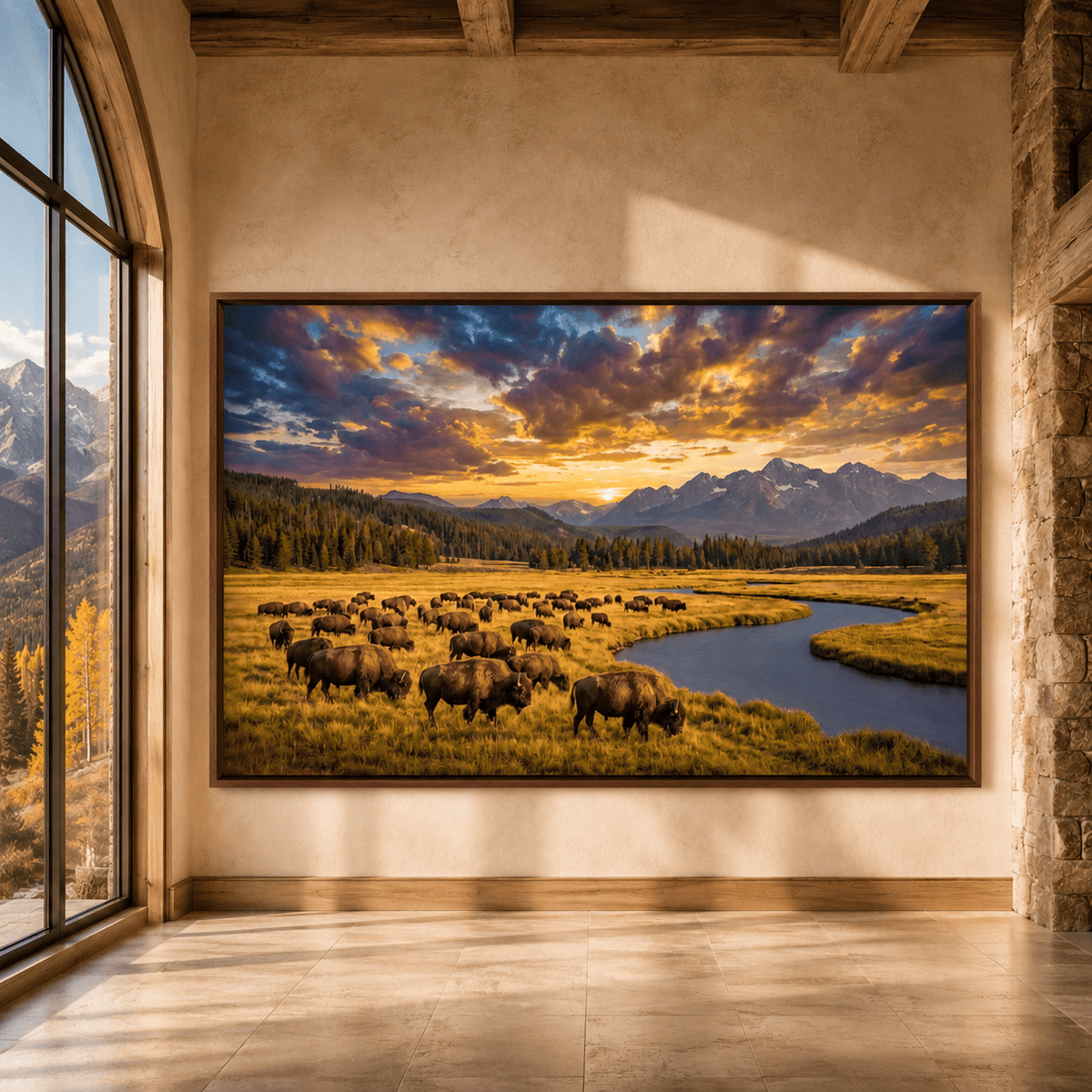 Majestic Bison Herd at Sunset Canvas Wall Art – Mountain River Wilderness Landscape Decor - ART OF ROYALS