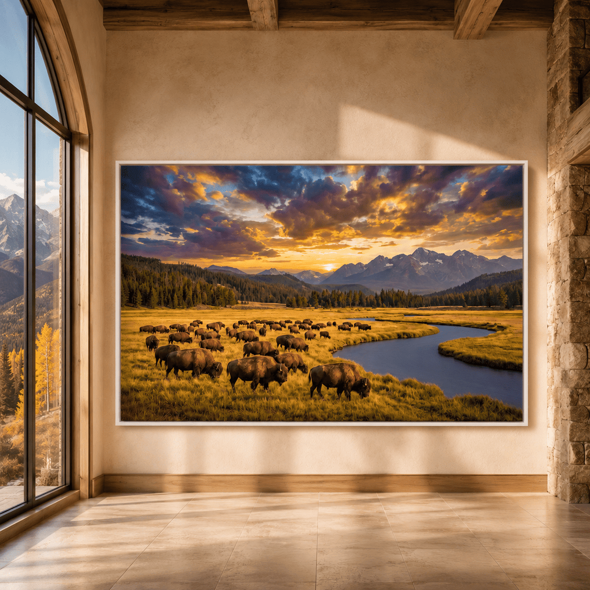 Majestic Bison Herd at Sunset Canvas Wall Art – Mountain River Wilderness Landscape Decor - ART OF ROYALS