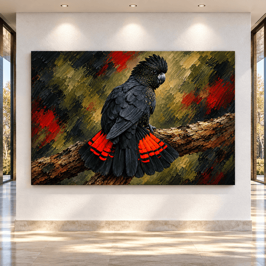 Red-Tailed Black Cockatoo Wrapped Canvas Wall Art – Australian Black Cockatoo Wildlife Painting - ART OF ROYALS