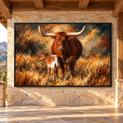 Texas Longhorn Cow and Calf Impasto Palette Knife Wrapped Canvas Wall Art – Mother Cow Ranch Print