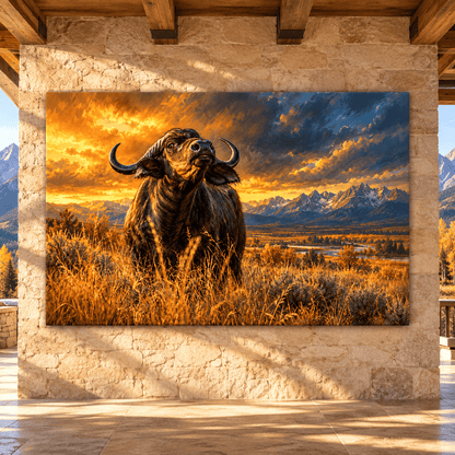 African Buffalo Canvas Wall Art – Cape Buffalo at Golden Sunset Mountain Landscape Oil Painting - ART OF ROYALS