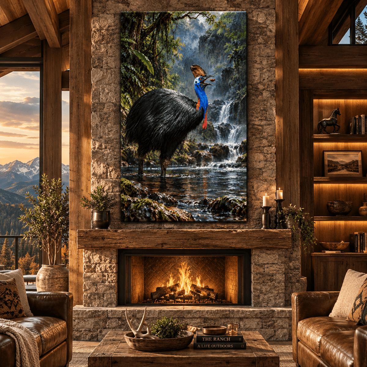 Southern Cassowary Canvas Wall Art – Blue-Necked Tropical Bird in Rainforest Waterfall Oil Painting - ART OF ROYALS