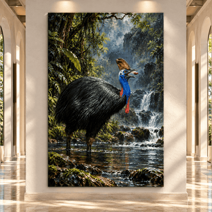 Southern Cassowary Canvas Wall Art – Blue-Necked Tropical Bird in Rainforest Waterfall Oil Painting - ART OF ROYALS