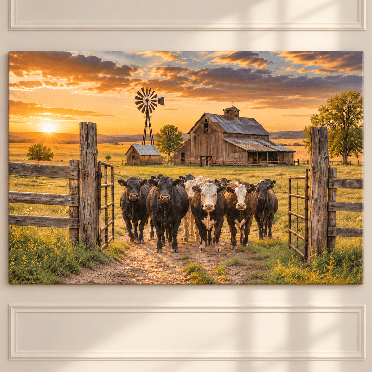 Coming Home – Cattle Herd at the Ranch Gate Canvas Wall Art - ART OF ROYALS