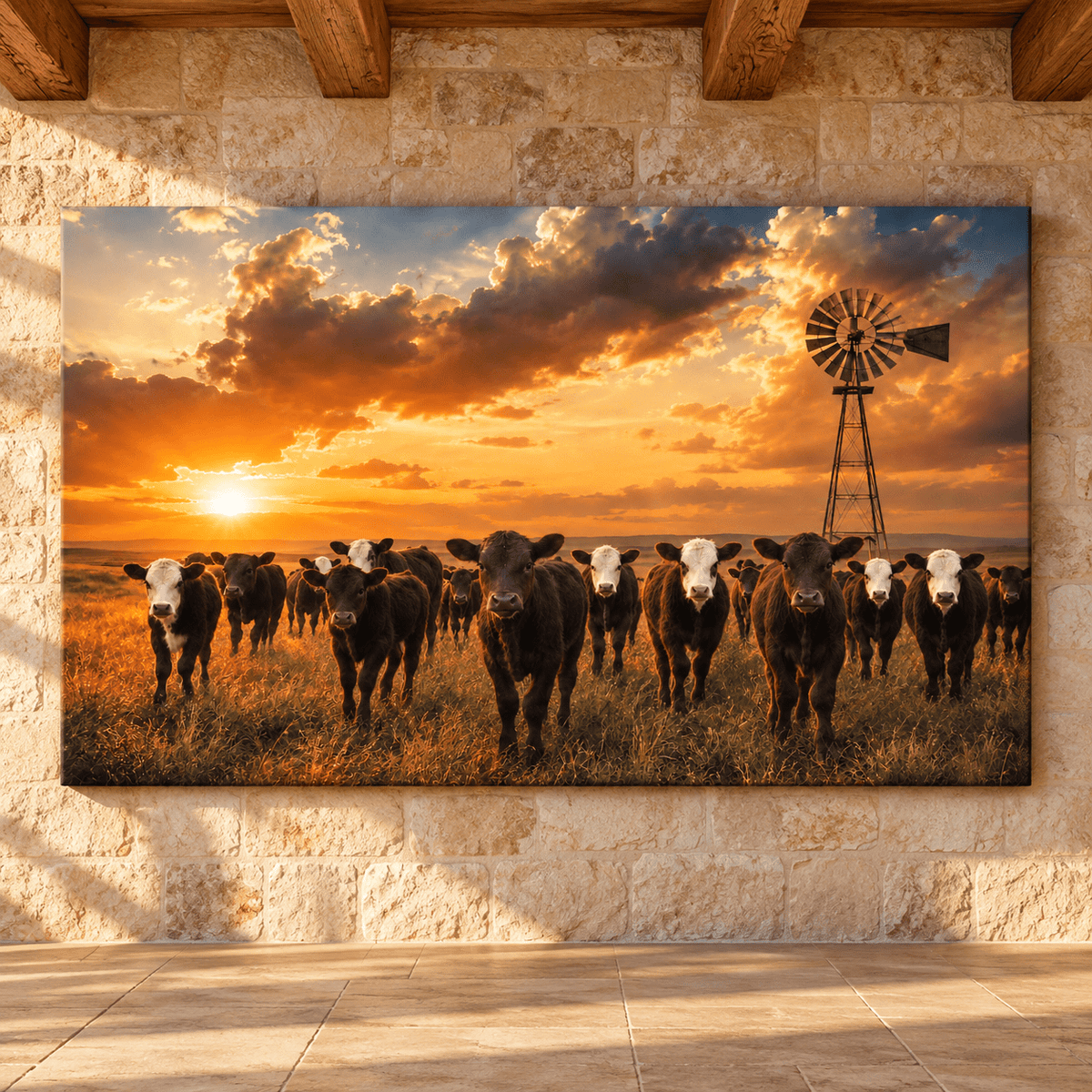 Curious Black Baldy and Black Angus Calves at Golden Sunset Canvas Wall Art – Ranch Calf Herd Print - ART OF ROYALS