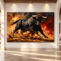 Charging Black Bull Wrapped Canvas Wall Art – Powerful Spanish Fighting Bull Painting