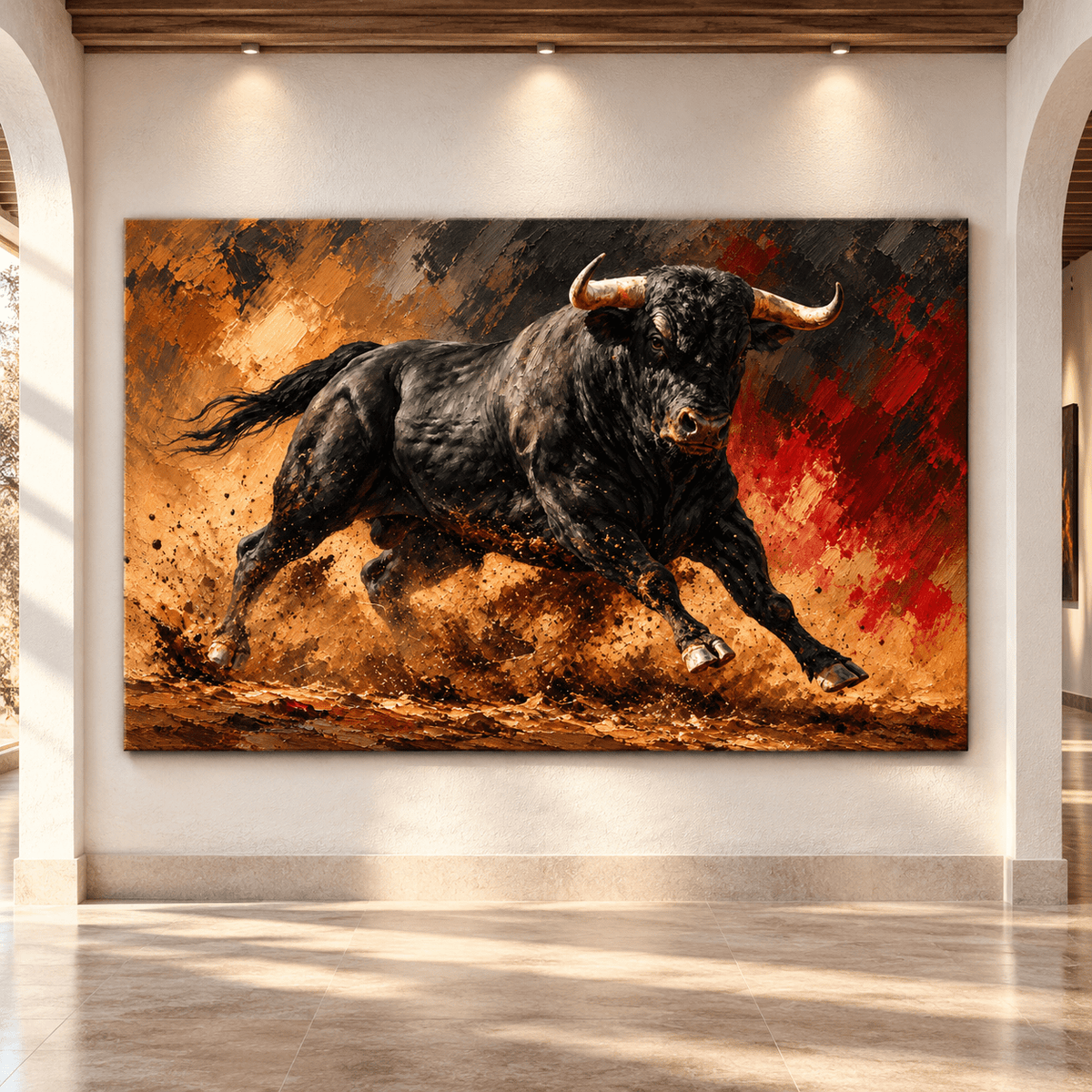 Charging Black Bull Wrapped Canvas Wall Art – Powerful Spanish Fighting Bull Painting - ART OF ROYALS