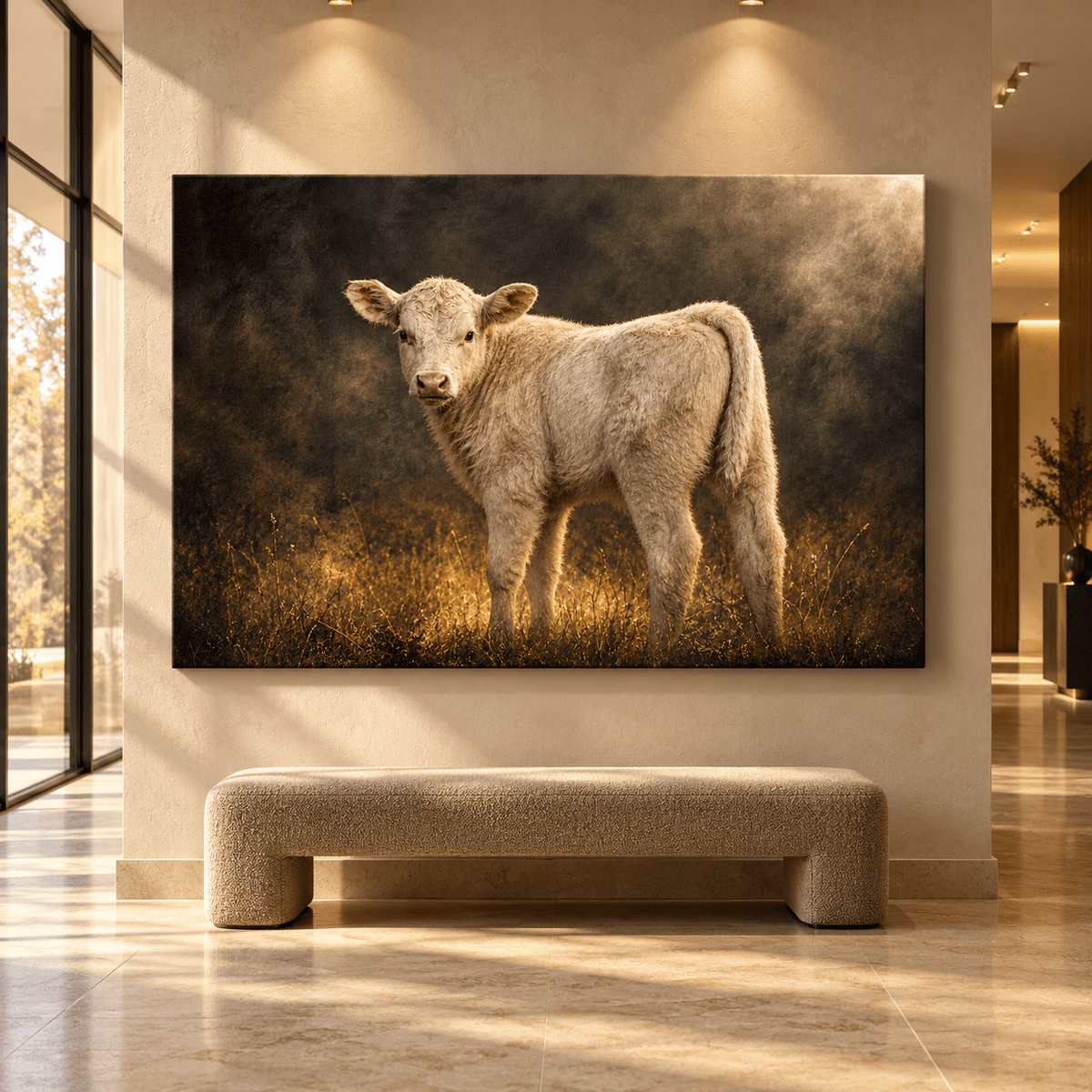 Cream White Charolais Calf in Golden Mist Wrapped Canvas Wall Art – Moody Cattle Portrait Print - ART OF ROYALS