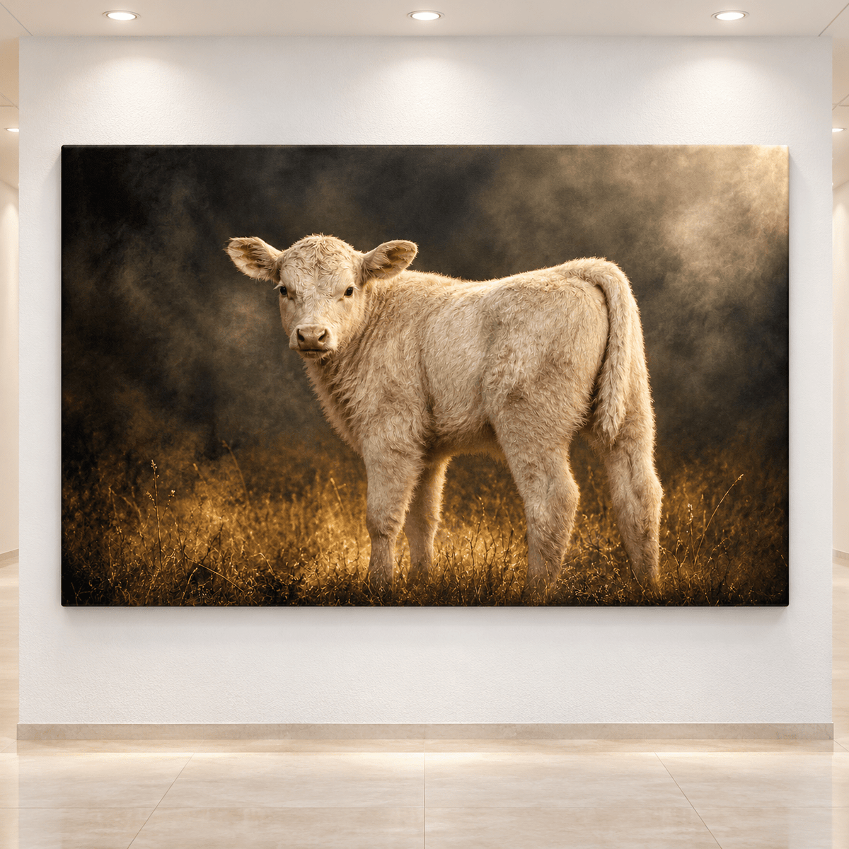 Cream White Charolais Calf in Golden Mist Wrapped Canvas Wall Art – Moody Cattle Portrait Print - ART OF ROYALS