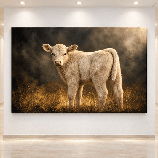 Cream White Charolais Calf in Golden Mist Wrapped Canvas Wall Art – Moody Cattle Portrait Print - ART OF ROYALS