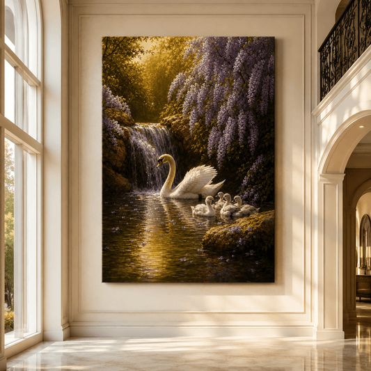 White Swan Family Waterfall Wrapped Canvas Wall Art – Purple Wisteria Pond Nature Print - ART OF ROYALS