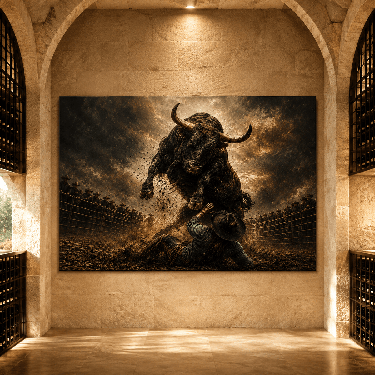 The Moment After – Rodeo Bull and Fallen Cowboy Landscape Canvas Wall Art - ART OF ROYALS