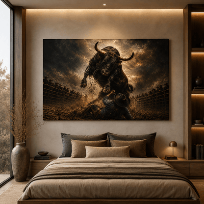 The Moment After – Rodeo Bull and Fallen Cowboy Landscape Canvas Wall Art - ART OF ROYALS