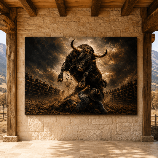 The Moment After – Rodeo Bull and Fallen Cowboy Landscape Canvas Wall Art - ART OF ROYALS