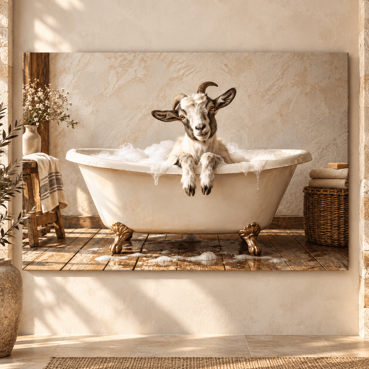 Baby Goat in Clawfoot Bathtub Wrapped Canvas Wall Art – Funny Rustic Farmhouse Bathroom Decor
