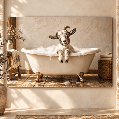 Baby Goat in Clawfoot Bathtub Wrapped Canvas Wall Art – Funny Rustic Farmhouse Bathroom Decor