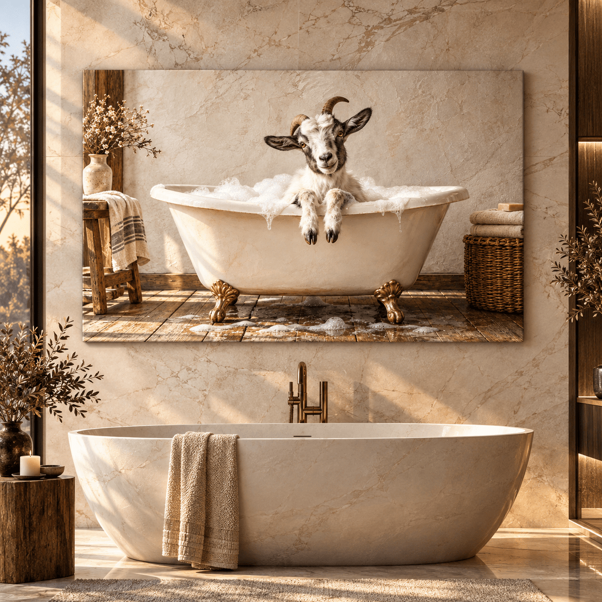 Baby Goat in Clawfoot Bathtub Wrapped Canvas Wall Art – Funny Rustic Farmhouse Bathroom Decor