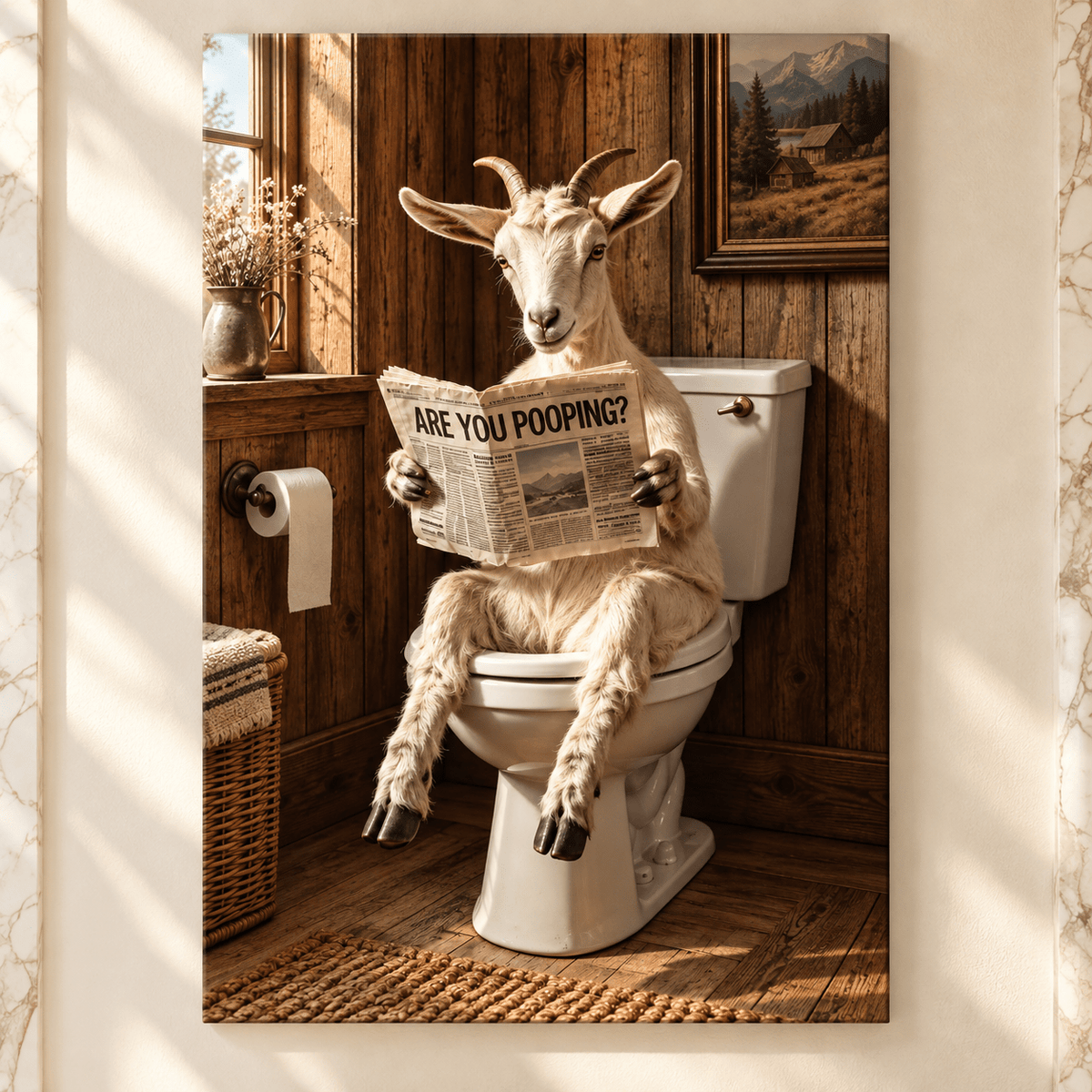 Funny Goat on Toilet Wrapped Canvas Wall Art – “Are You Pooping?” Rustic Farmhouse Bathroom Decor