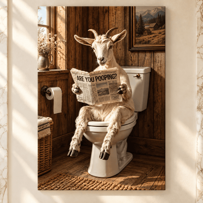 Funny Goat on Toilet Wrapped Canvas Wall Art – “Are You Pooping?” Rustic Farmhouse Bathroom Decor