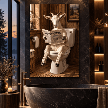 Funny Goat on Toilet Wrapped Canvas Wall Art – “Are You Pooping?” Rustic Farmhouse Bathroom Decor