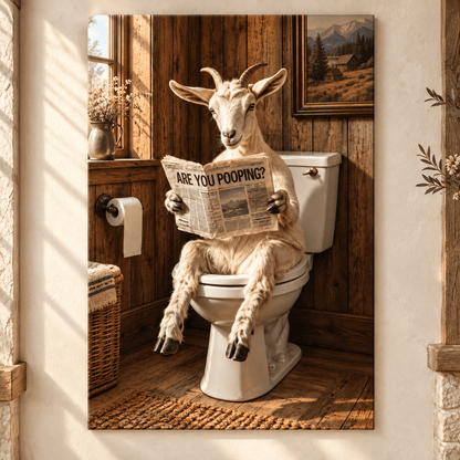 Funny Goat on Toilet Wrapped Canvas Wall Art – “Are You Pooping?” Rustic Farmhouse Bathroom Decor