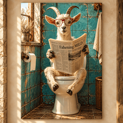 Funny Goat Reading Newspaper on Toilet Wrapped Canvas Wall Art – Rustic Farmhouse Bathroom Decor