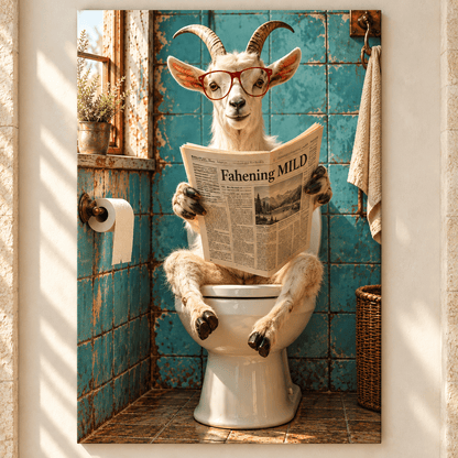Funny Goat Reading Newspaper on Toilet Wrapped Canvas Wall Art – Rustic Farmhouse Bathroom Decor