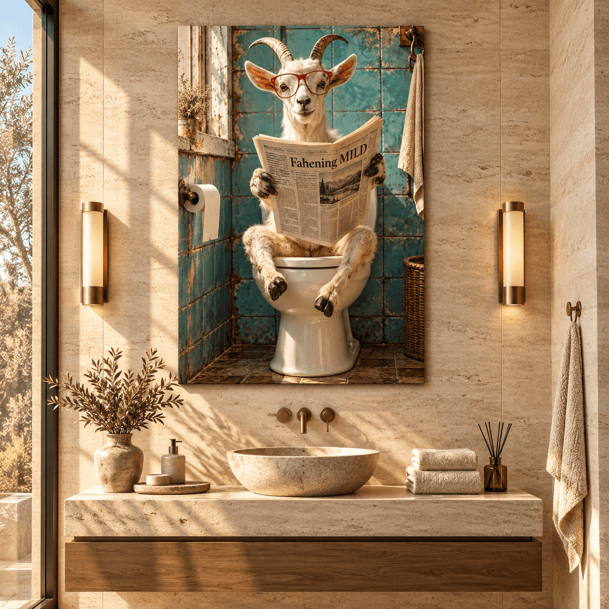 Funny Goat Reading Newspaper on Toilet Wrapped Canvas Wall Art – Rustic Farmhouse Bathroom Decor