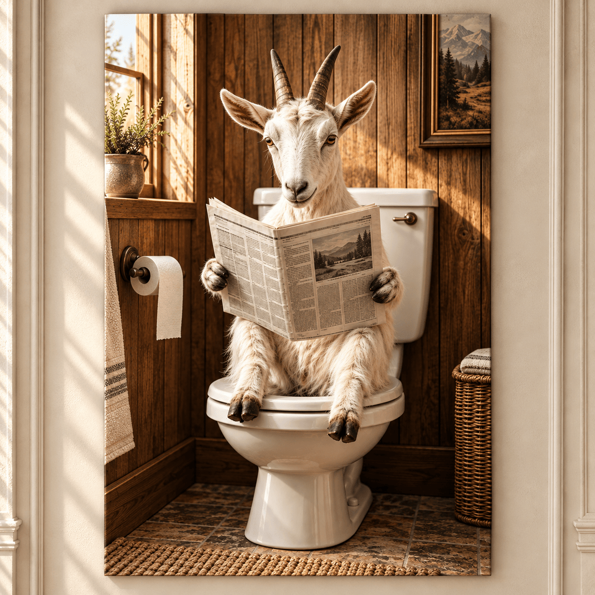 Funny Goat Reading Newspaper on Toilet Wrapped Canvas Wall Art – Rustic Farmhouse Bathroom Decor