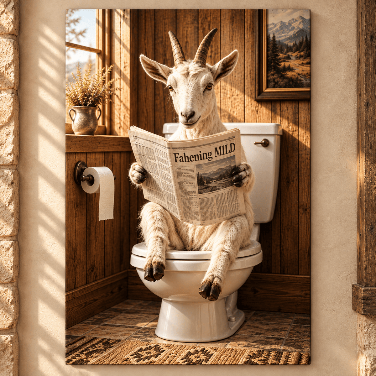 Funny Goat Reading Newspaper on Toilet Wrapped Canvas Wall Art – Rustic Farmhouse Bathroom Decor