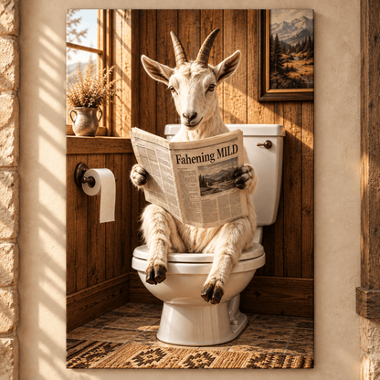 Funny Goat Reading Newspaper on Toilet Wrapped Canvas Wall Art – Rustic Farmhouse Bathroom Decor