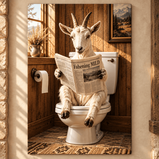 Funny Goat Reading Newspaper on Toilet Wrapped Canvas Wall Art – Rustic Farmhouse Bathroom Decor - ART OF ROYALS