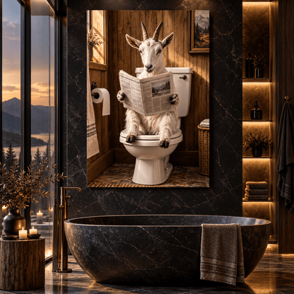 Funny Goat Reading Newspaper on Toilet Wrapped Canvas Wall Art – Rustic Farmhouse Bathroom Decor