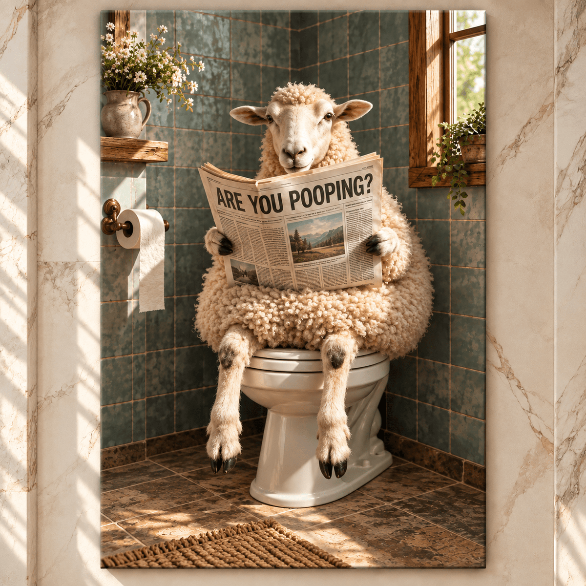 Funny Sheep Reading Newspaper on Toilet Wrapped Canvas Wall Art – “Are You Pooping?” Farmhouse Bathroom Decor