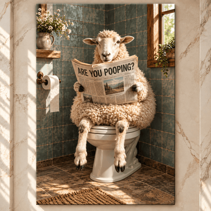 Funny Sheep Reading Newspaper on Toilet Wrapped Canvas Wall Art – “Are You Pooping?” Farmhouse Bathroom Decor