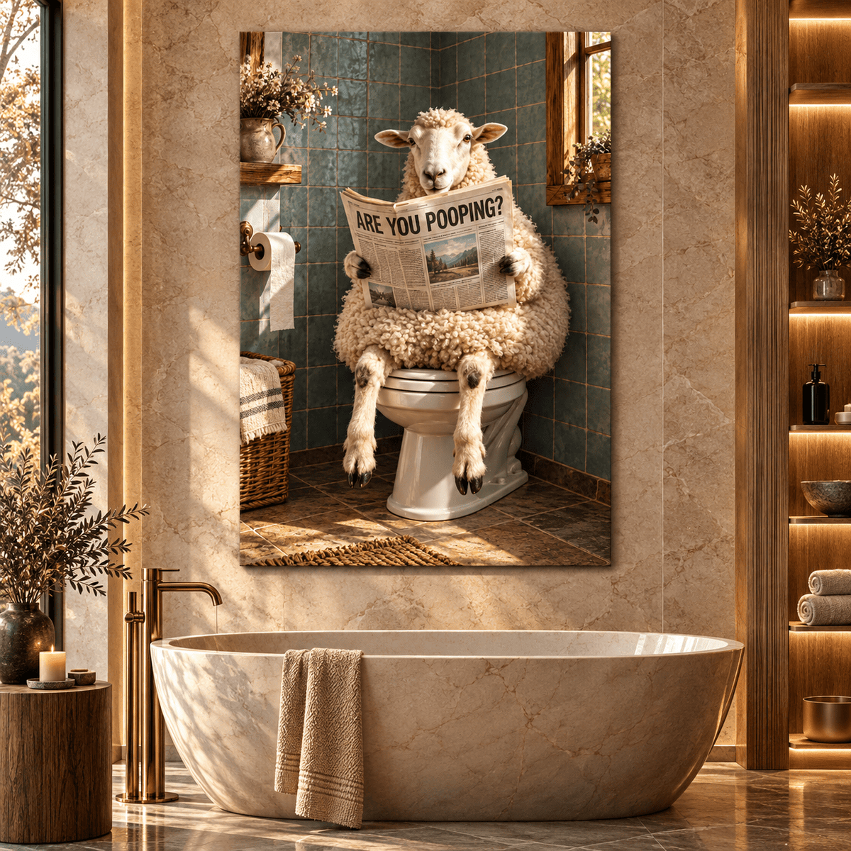 Funny Sheep Reading Newspaper on Toilet Wrapped Canvas Wall Art – “Are You Pooping?” Farmhouse Bathroom Decor