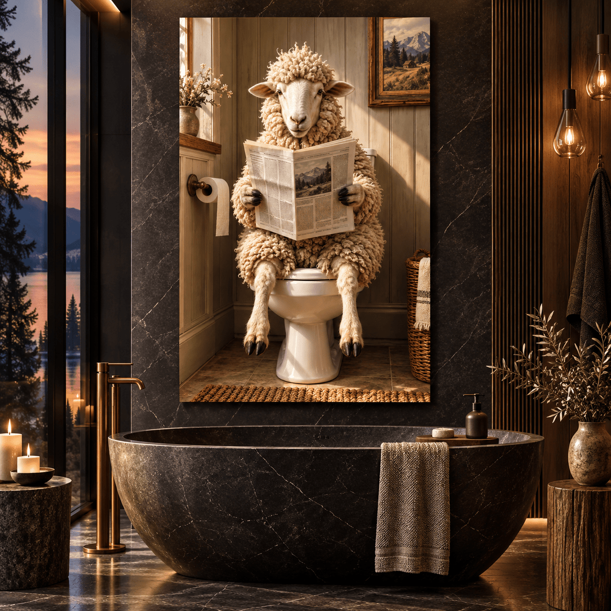Funny Sheep Reading Newspaper on Toilet Wrapped Canvas Wall Art – Rustic Farmhouse Bathroom Decor - ART OF ROYALS
