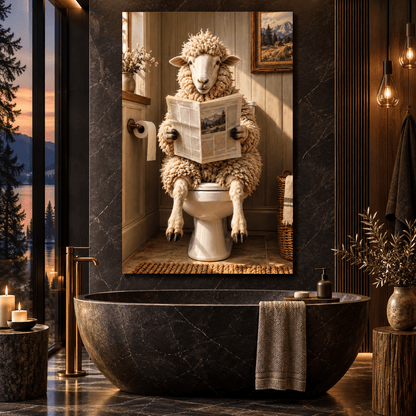 Funny Sheep Reading Newspaper on Toilet Wrapped Canvas Wall Art – Rustic Farmhouse Bathroom Decor - ART OF ROYALS