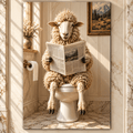 Funny Sheep Reading Newspaper on Toilet Wrapped Canvas Wall Art – Rustic Farmhouse Bathroom Decor