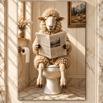 Funny Sheep Reading Newspaper on Toilet Wrapped Canvas Wall Art – Rustic Farmhouse Bathroom Decor - ART OF ROYALS