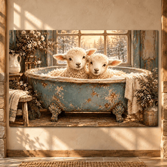 Two Lambs in Vintage Bathtub Wrapped Canvas Wall Art – Rustic Farmhouse Bathroom Decor - ART OF ROYALS