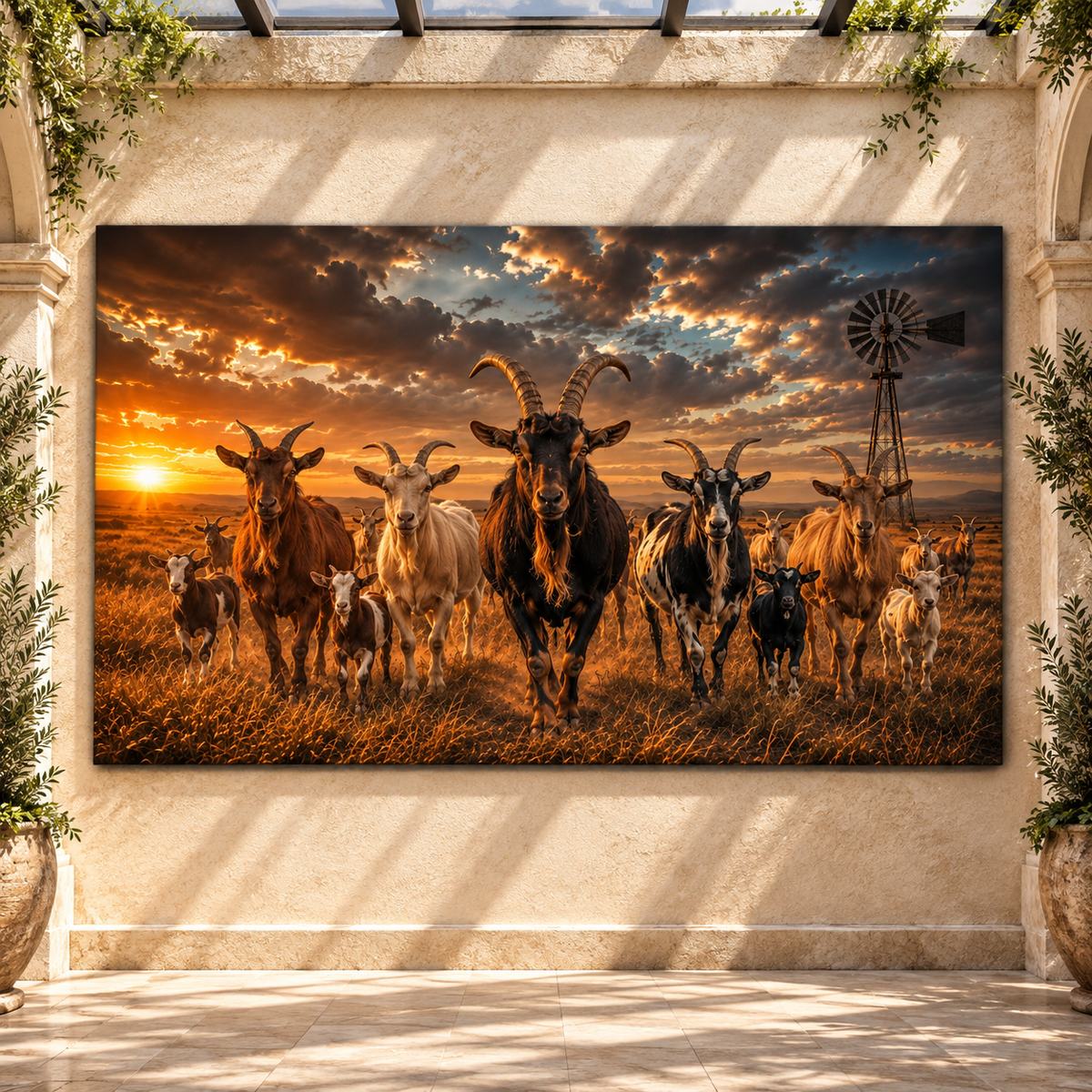 Goat Herd at Sunset Wrapped Canvas Wall Art – Rustic Farmhouse Ranch Windmill Landscape