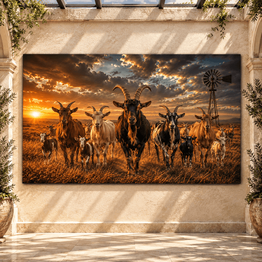 Goat Herd at Sunset Wrapped Canvas Wall Art – Rustic Farmhouse Ranch Windmill Landscape - ART OF ROYALS
